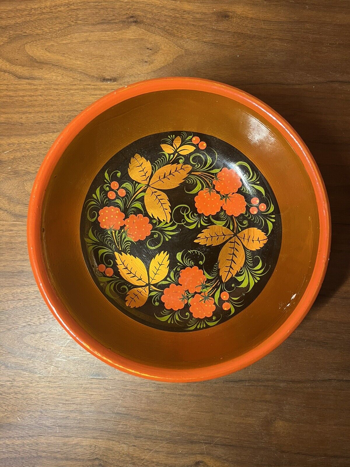 Vintage Russian Khokhloma Bowl USSR Lacquerware Gold Berry Folk Art