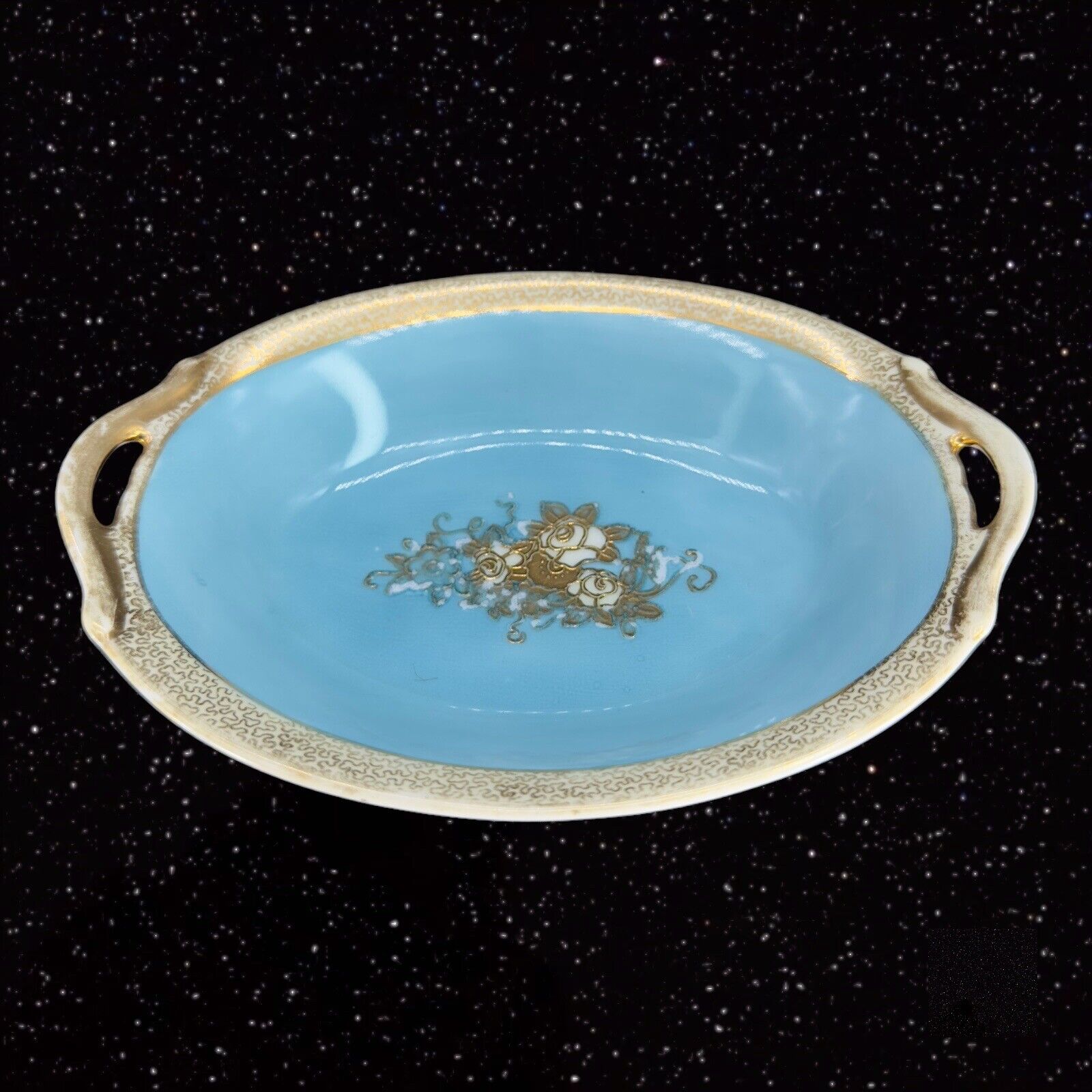 Antique Noritake Porcelain Hand Painted Dish Bowl Two Handles Gold Blue Paint