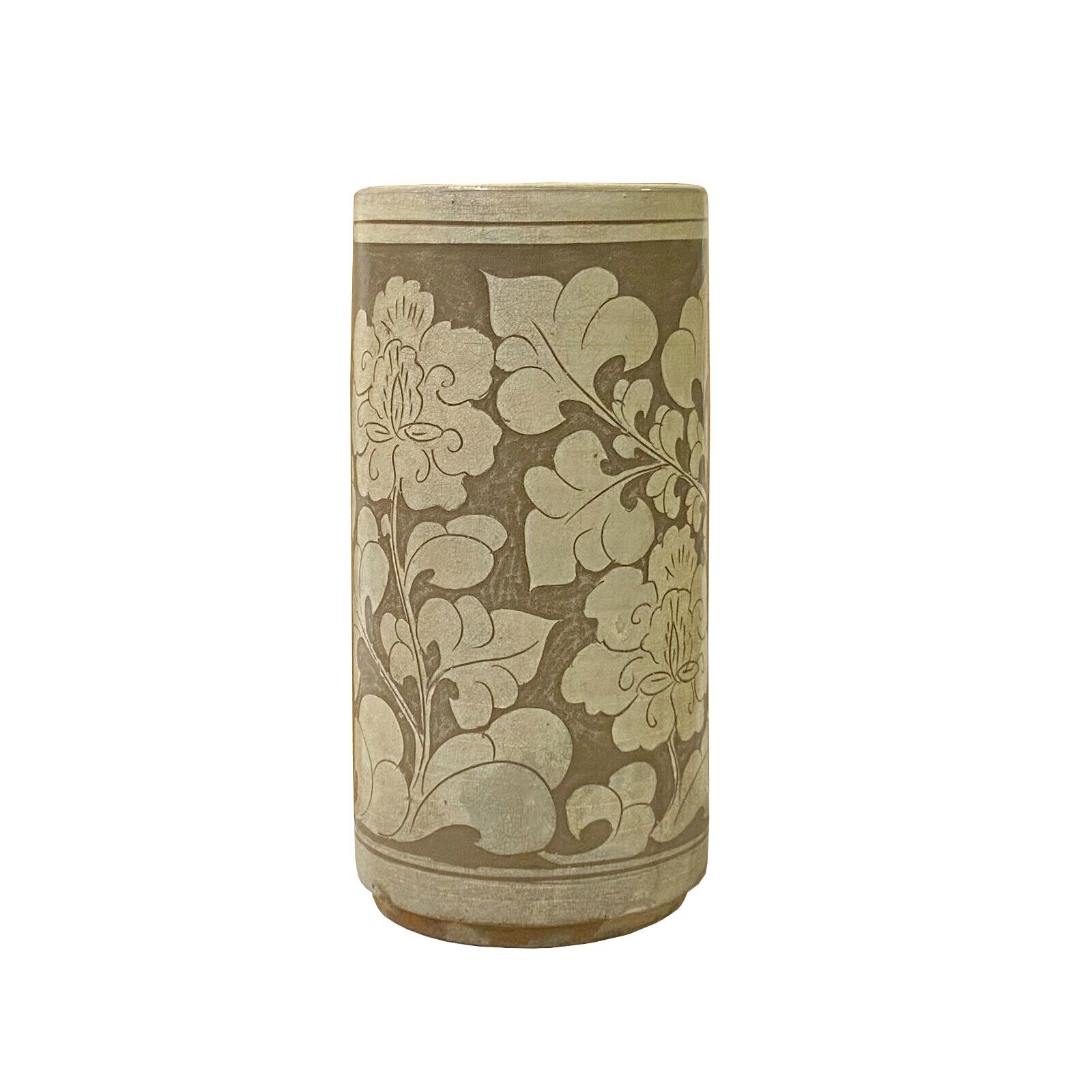Chinese Handmade Ceramic Tan Taupe Flower Column Vase ws2803