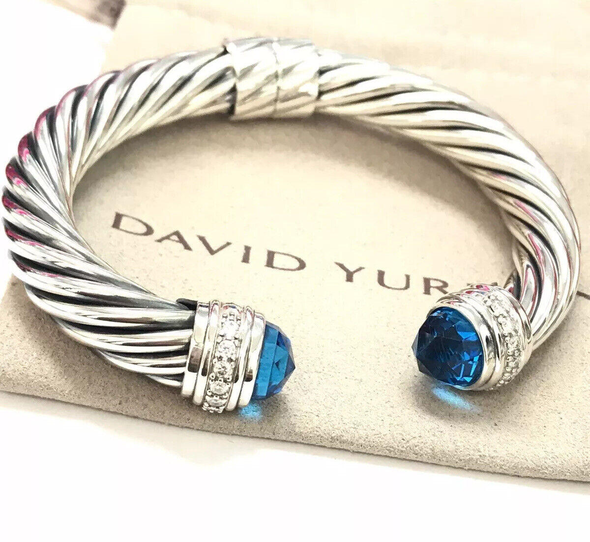 David Yurman Classic Sterling Silver 10mm Blue Topaz & Diamonds Bracelet Sz M