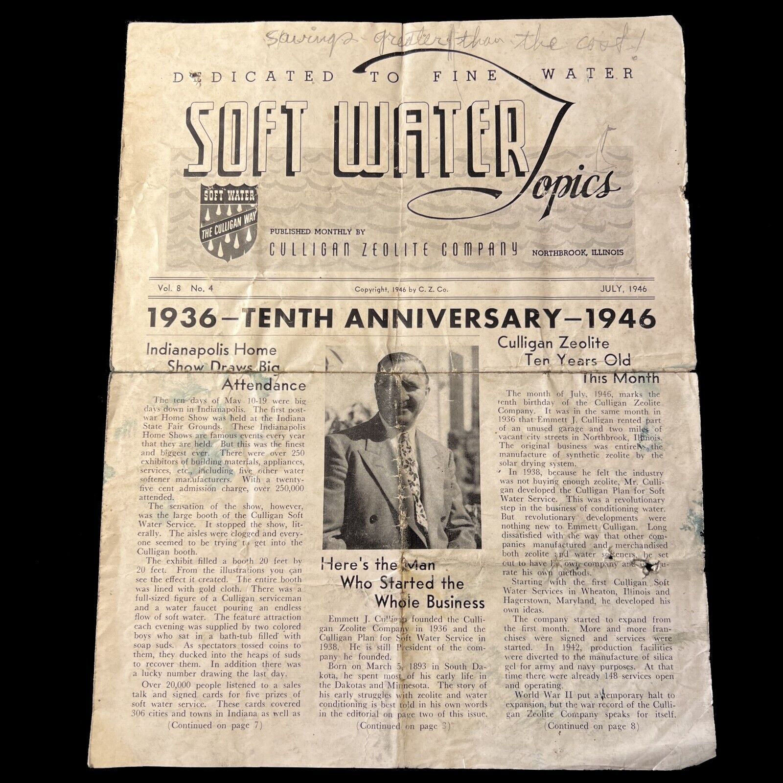 Orig 1946 Soft Water Topics Emmett J Culligan Zeolite 10 Year Company Newsletter