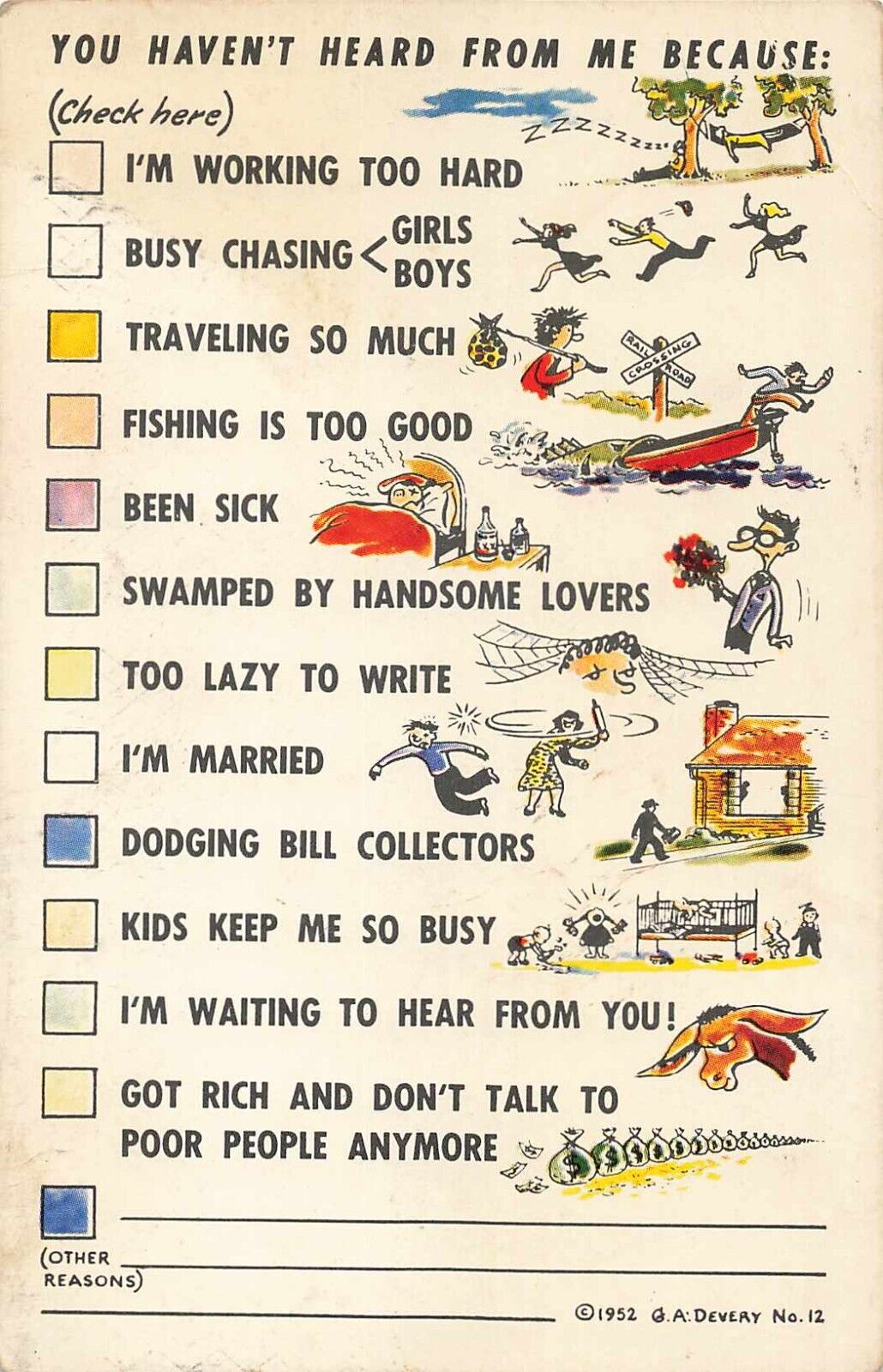 Postcard Humor Busy Person\'s Check List Card 1952 Unused / Unchecked