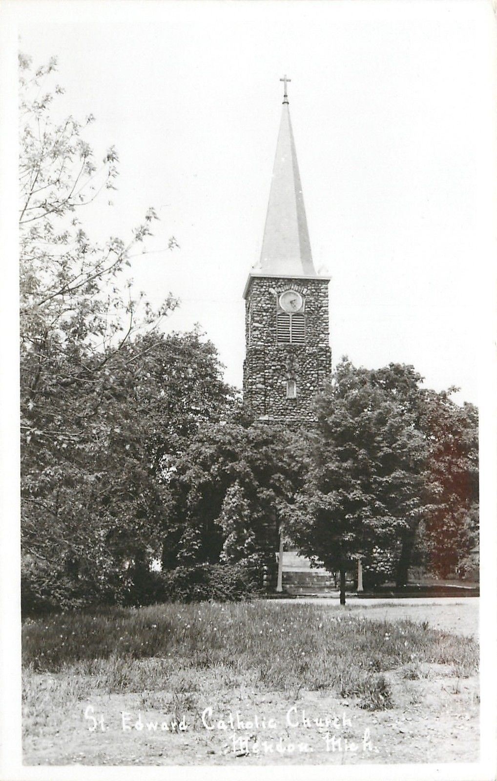 Mendon MI~Saint Edward Catholic Church~Steeple Towers Above Trees 1950 RPP
