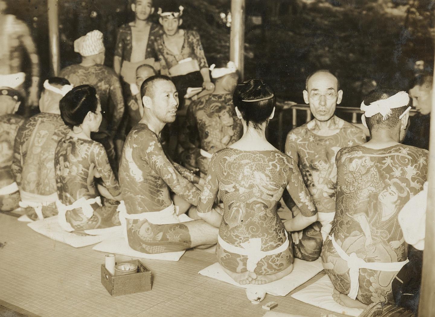 c. 1910\'s Yakuza Group of Men & Women with Full Body Tattoos Photograph