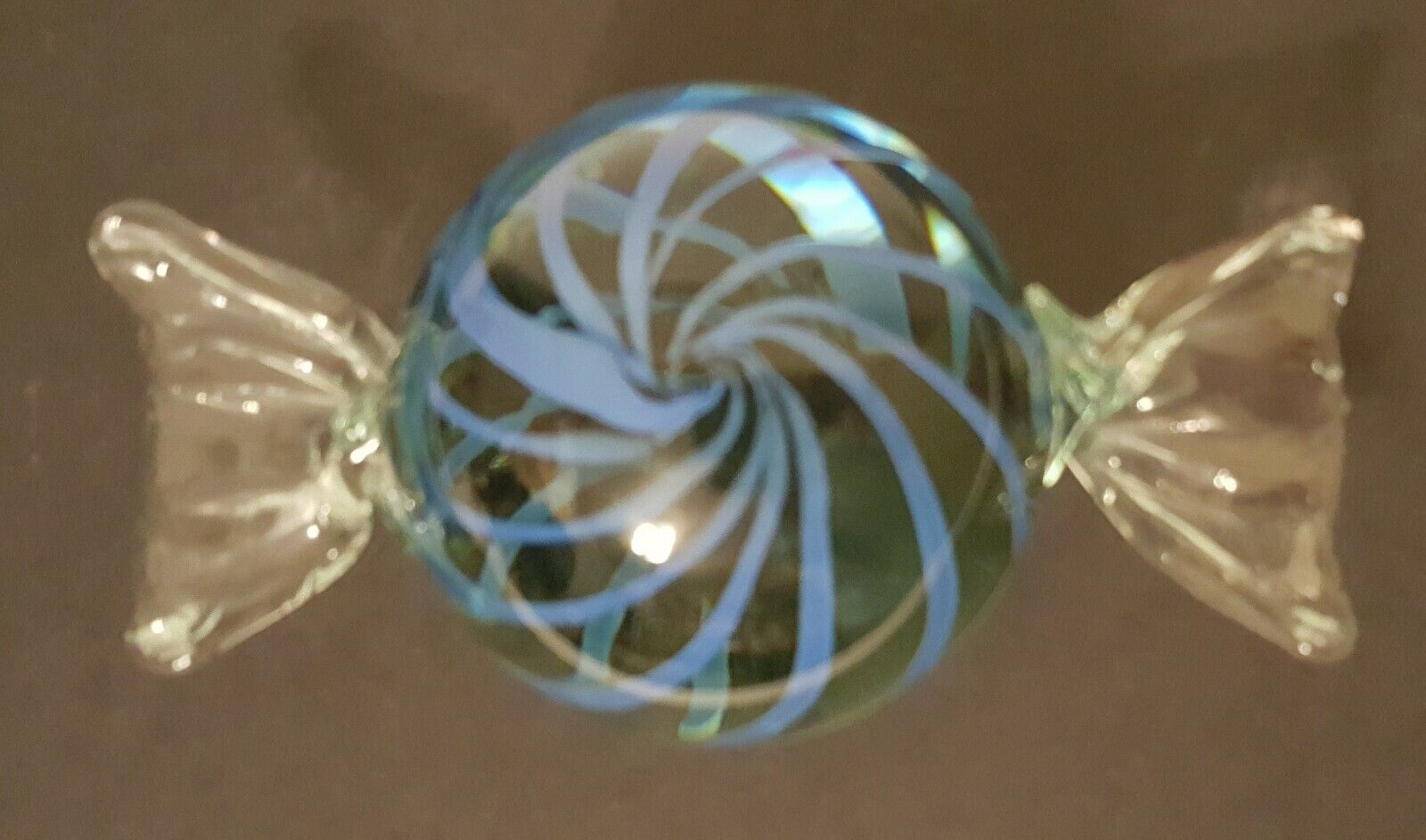 Vintage Large Hand Blown Art Glass Wrapped Candy Piece Paperweight Blue Swirl