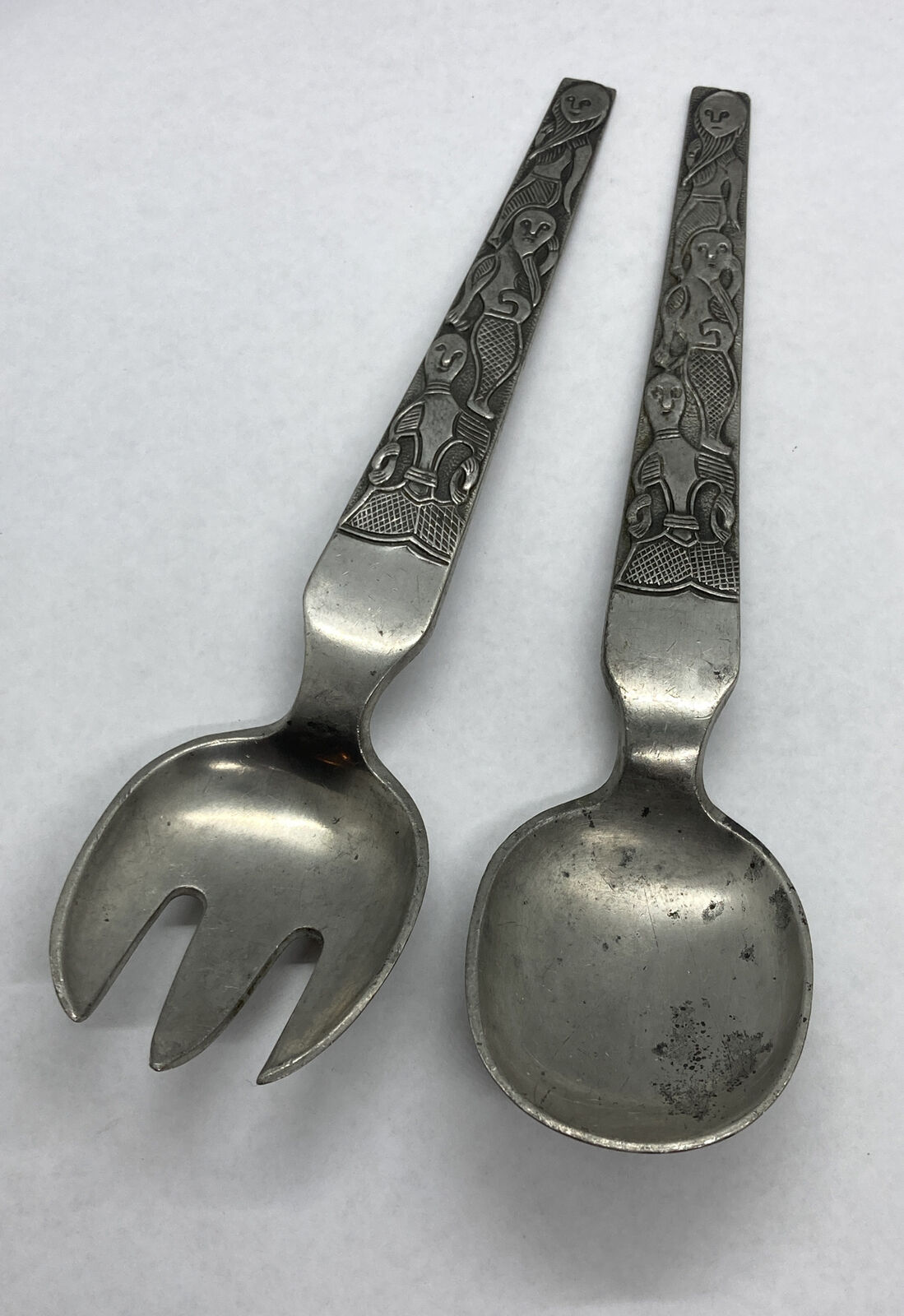 Vintage David Andersen Stopt Tinn Norway Pewter Oseberg Engraved salad spoon set