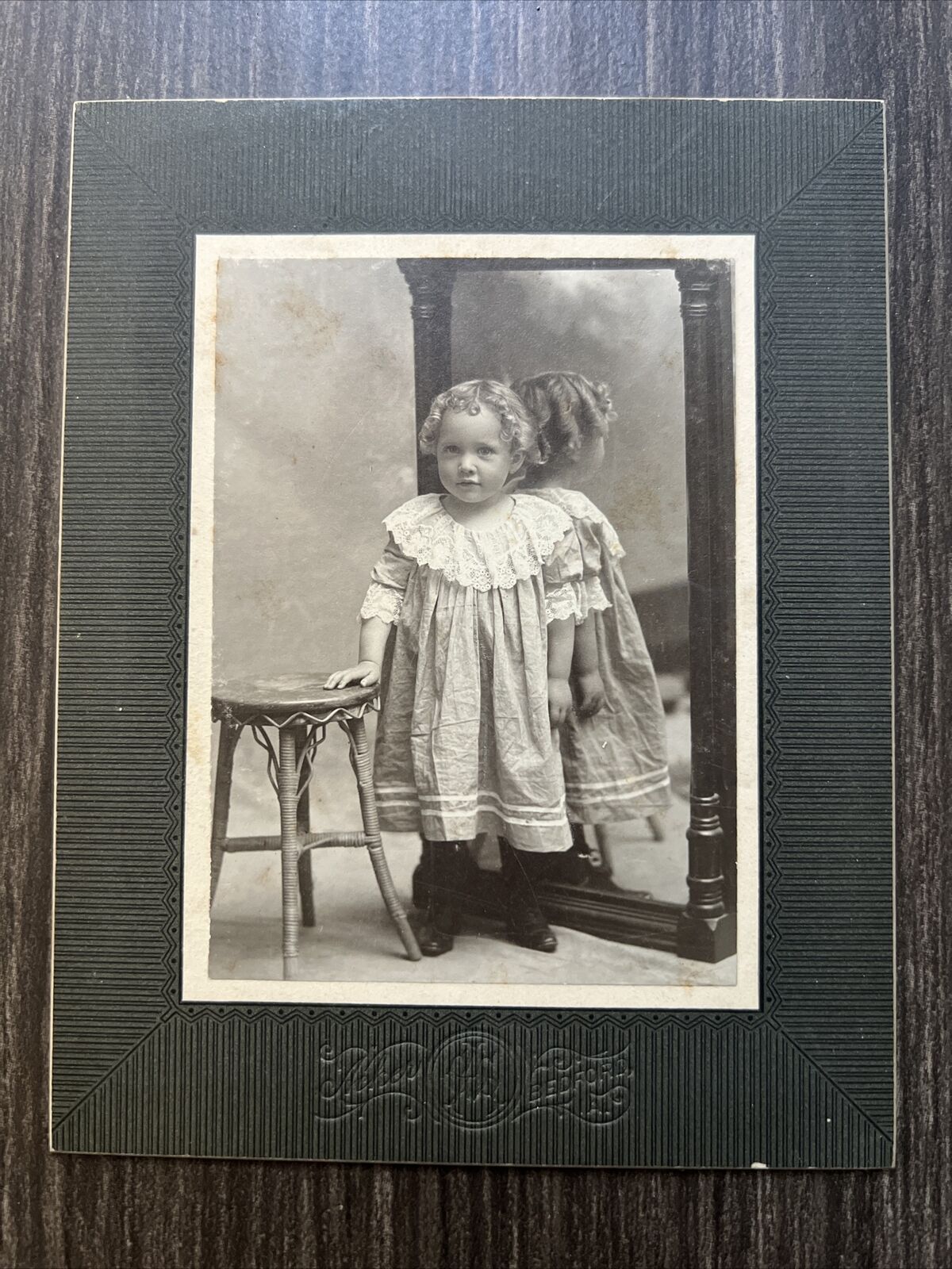 Antique 1890\'S CABINET CARD Photograph Kids Dress Up Curly Hair Boots Mirror