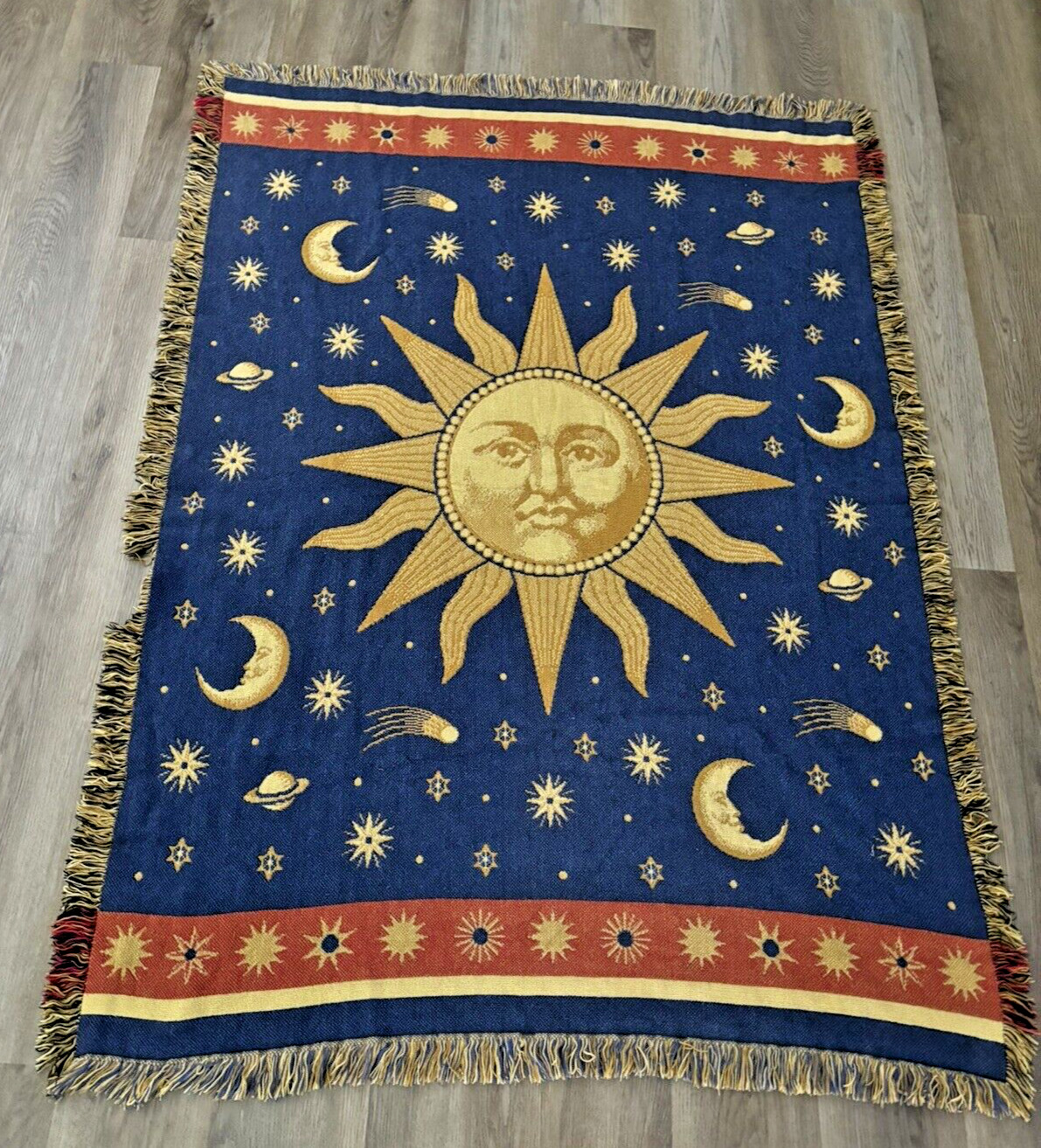 Vtg 90s Throw Blanket Sun Moon Stars Blue Gold Reversible Tapestry Astrology