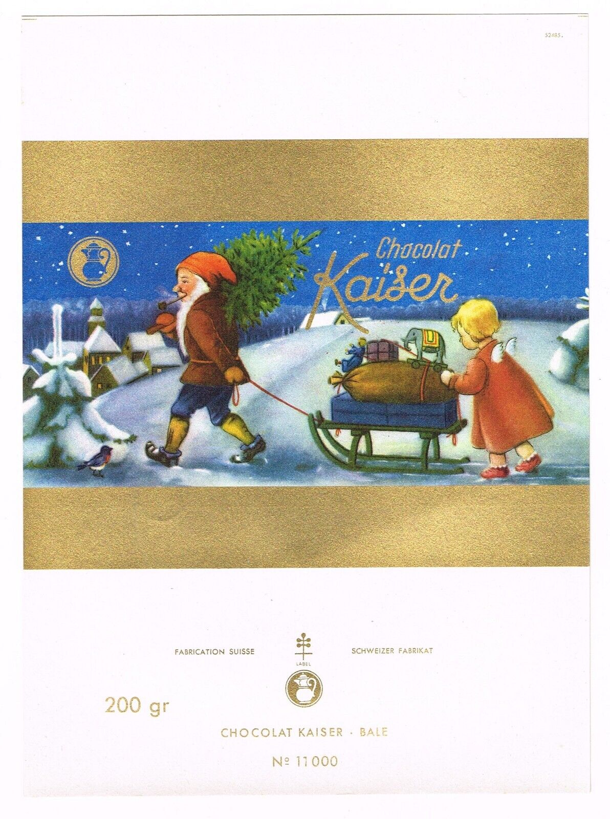 ORIGINAL VINTAGE C1960 GERMAN CHOCOLATE BOX CANDY LABEL CHRISTMAS SANTA SLEIGH