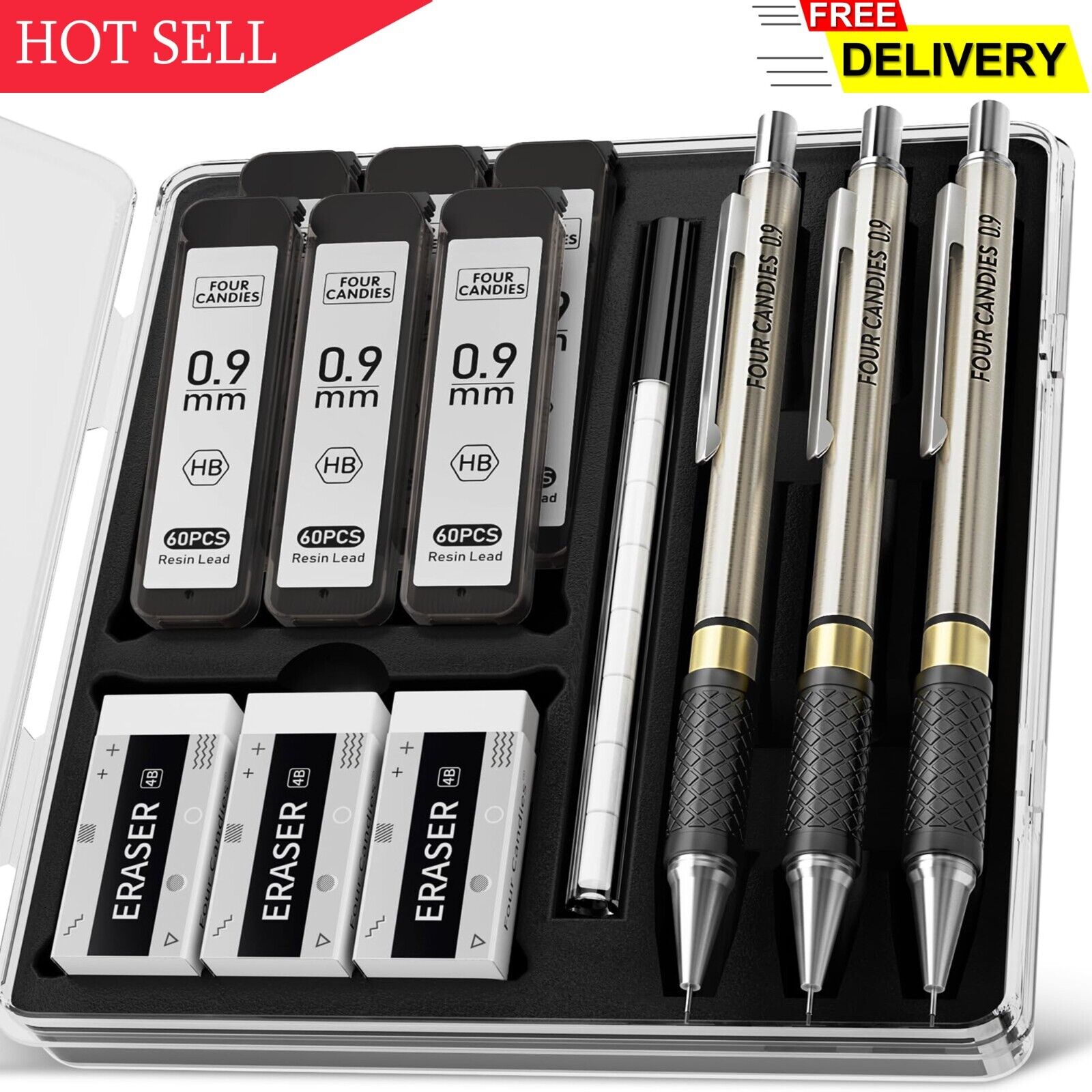 Four Candies Metal Mechanical Pencil Set - 3PCS 0.9mm Art Mechanical Pencils &..