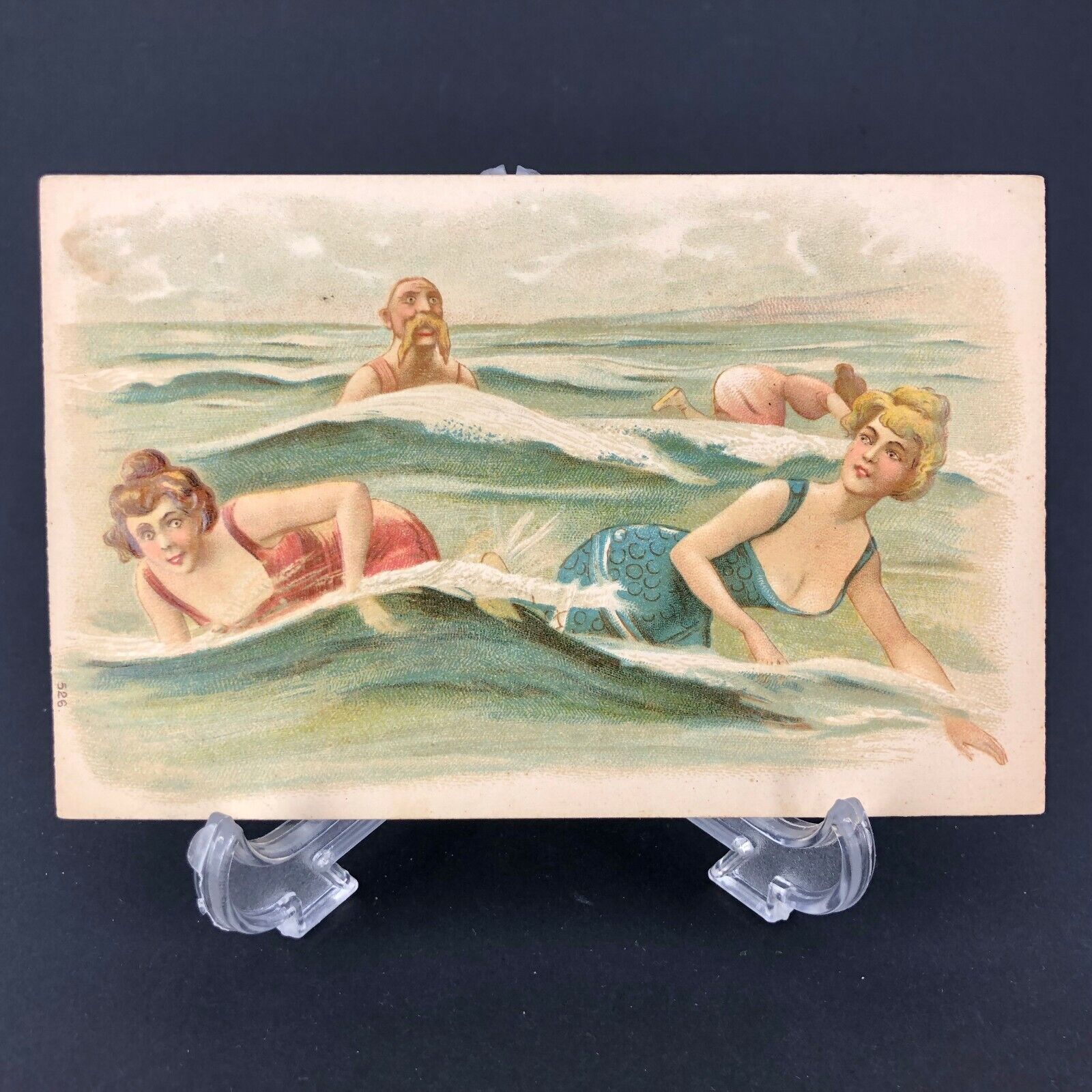 Vtg Antique Bathing Beauty Postcard SHARK Creepy Man Beach Risque Woman Funny 