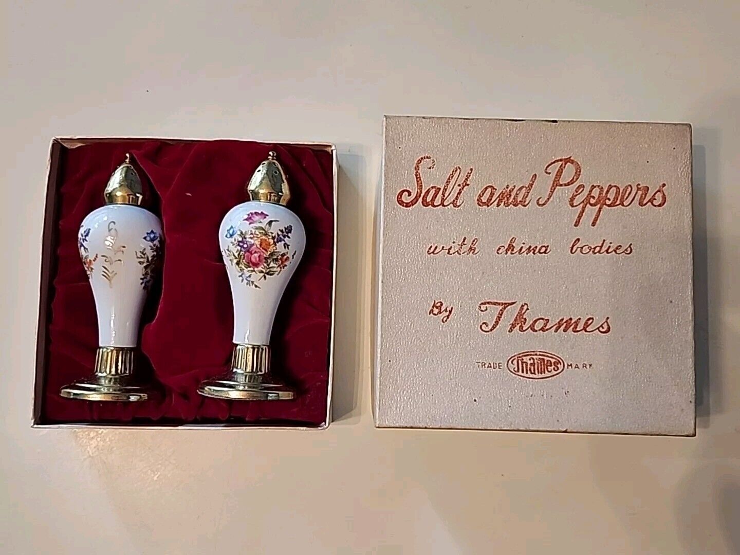 VINTAGE THAMES PORCELAIN SALT and PEPPER SHAKERS with BOX. Hand Painted. Japan