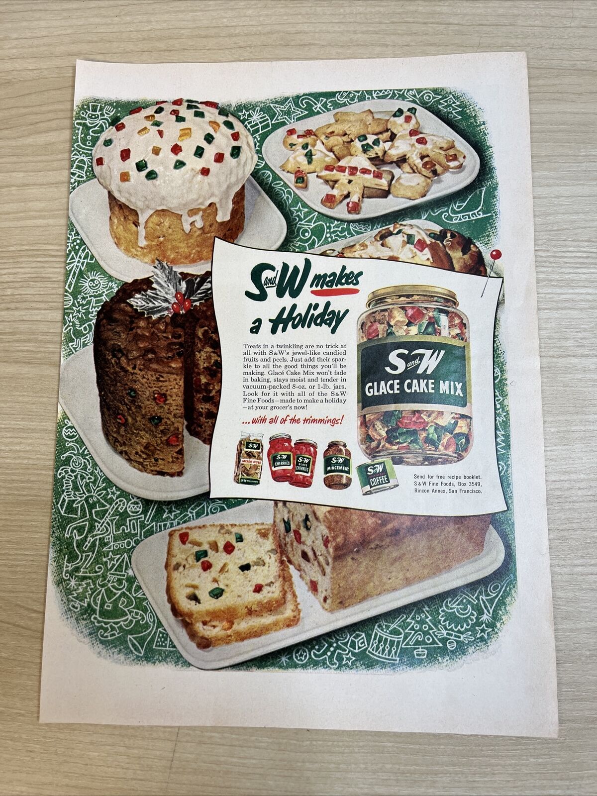 S and W Glace Cake Mix Holiday Dessert Vintage 1953 Print Ad Life Magazine