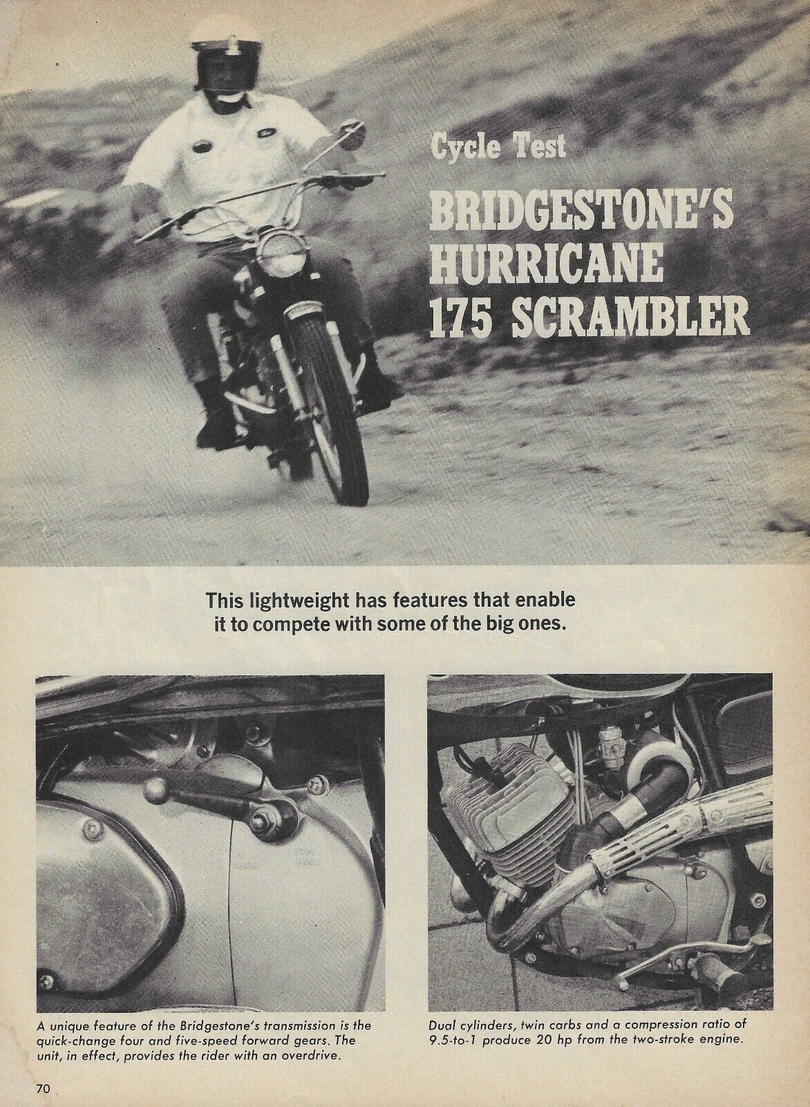 1967 Bridgestone Hurricane 175 Scrambler Motorcycle Vintage Magazine Article Ad
