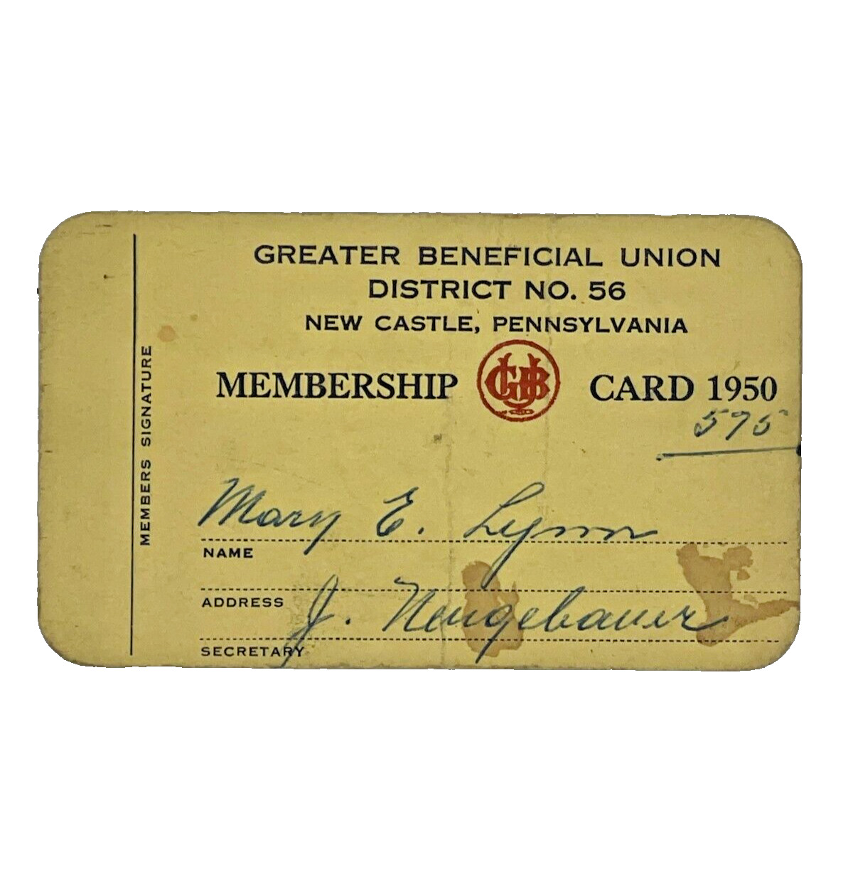 1950 Vintage Ephemera Greater Beneficial Union Member Card District No.56-A6