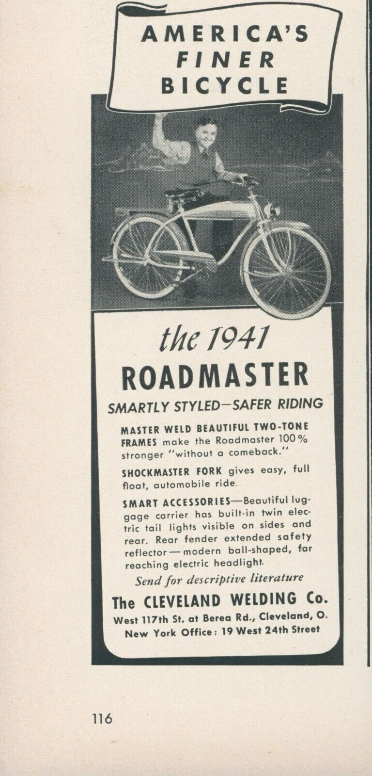 1941 Roadmaster Bicycle Cleveland Welding Smartly Styled Safer Ride Print Ad L4