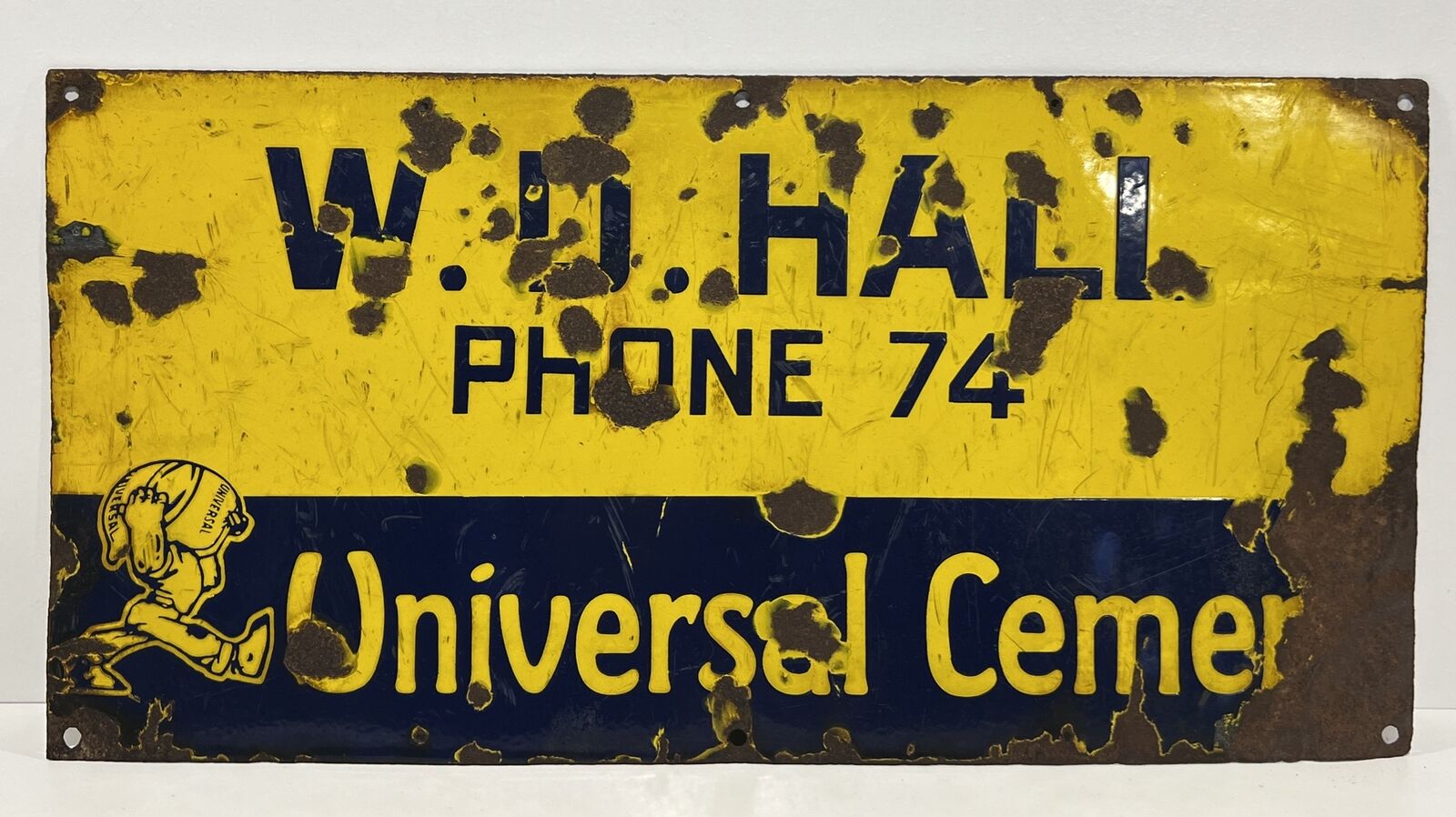 Universal Cement W.D. Hall 2 Digit Phone 74 Porcelain Sign Pre 1920’s Rare Sign