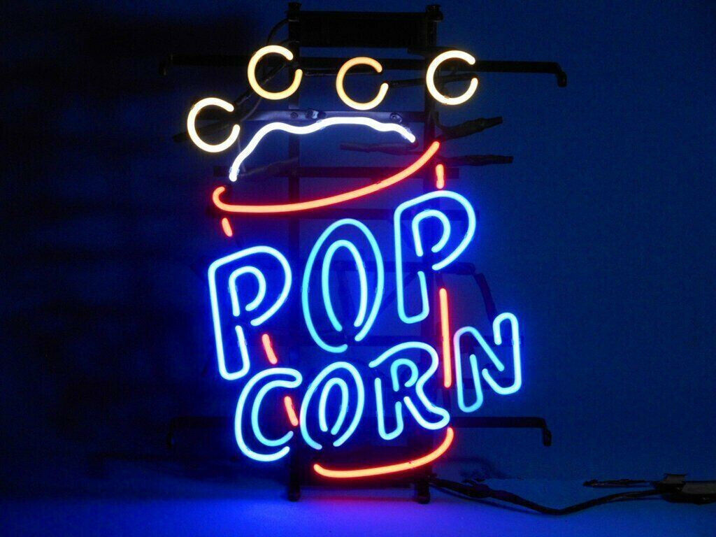 Popcorn Cinema Open Neon Sign 19x15 Glass Cinema Store Wall Deocr Artwork
