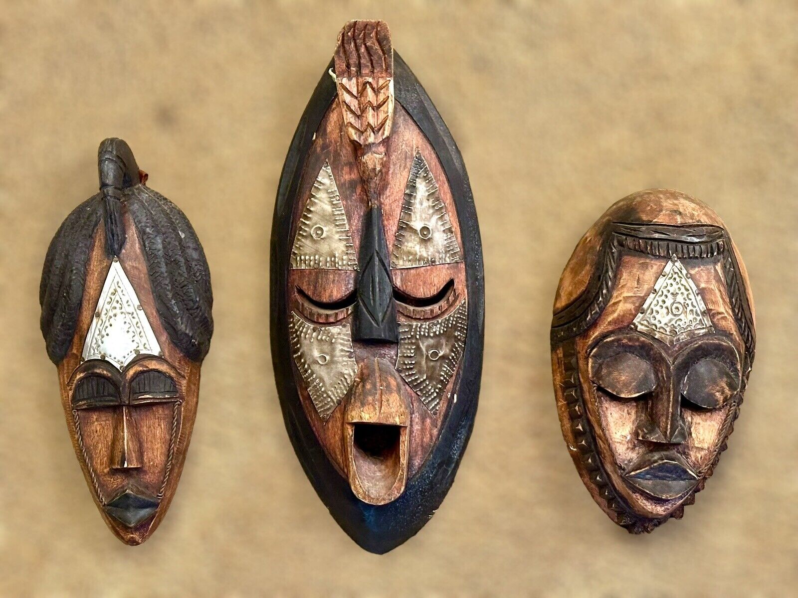 3 vintage hand carved authentic African Tribal Masks