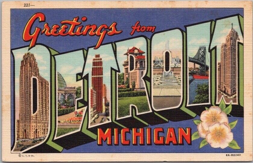 DETROIT, Michigan Large Letter Postcard Multi-View / CURTEICH Linen 1936 Unused