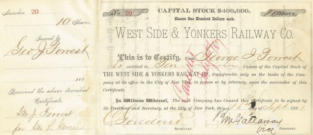 West Side and Yonkers Railway Co. - dated 1880's New York Railroad Stock Certifi
