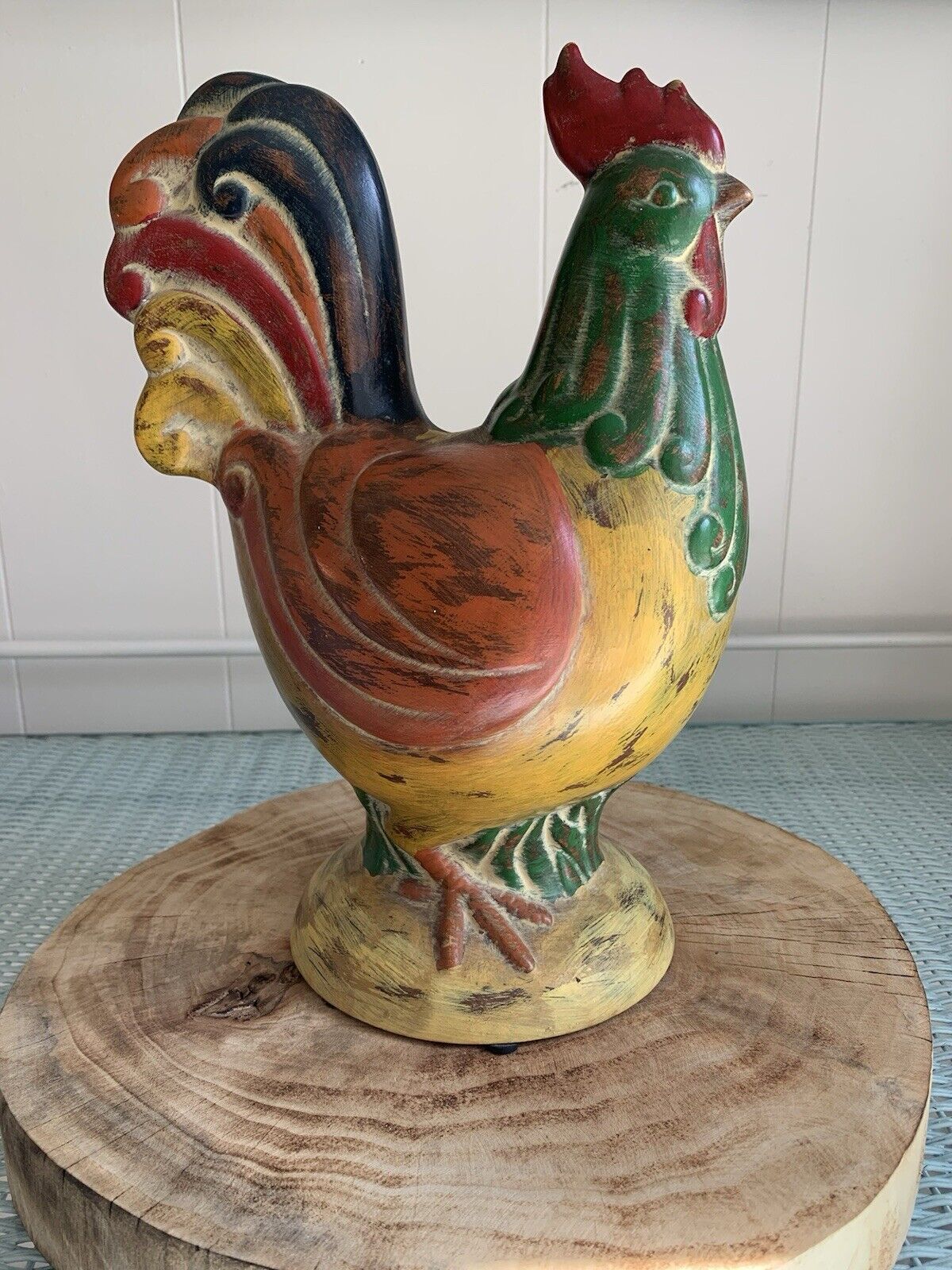 Vintage Folk Art Porcelain Colorful Rooster Figurine Farmhouse Decor