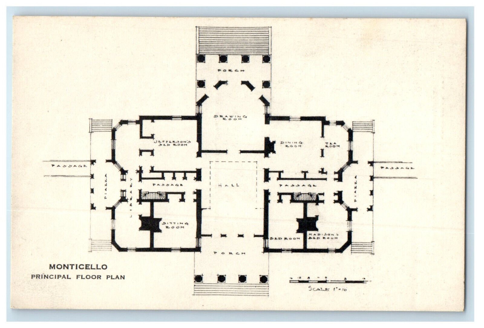 c1940\'s Home of Thomas Jefferson Monticello Principal Floor Plan NY Postcard