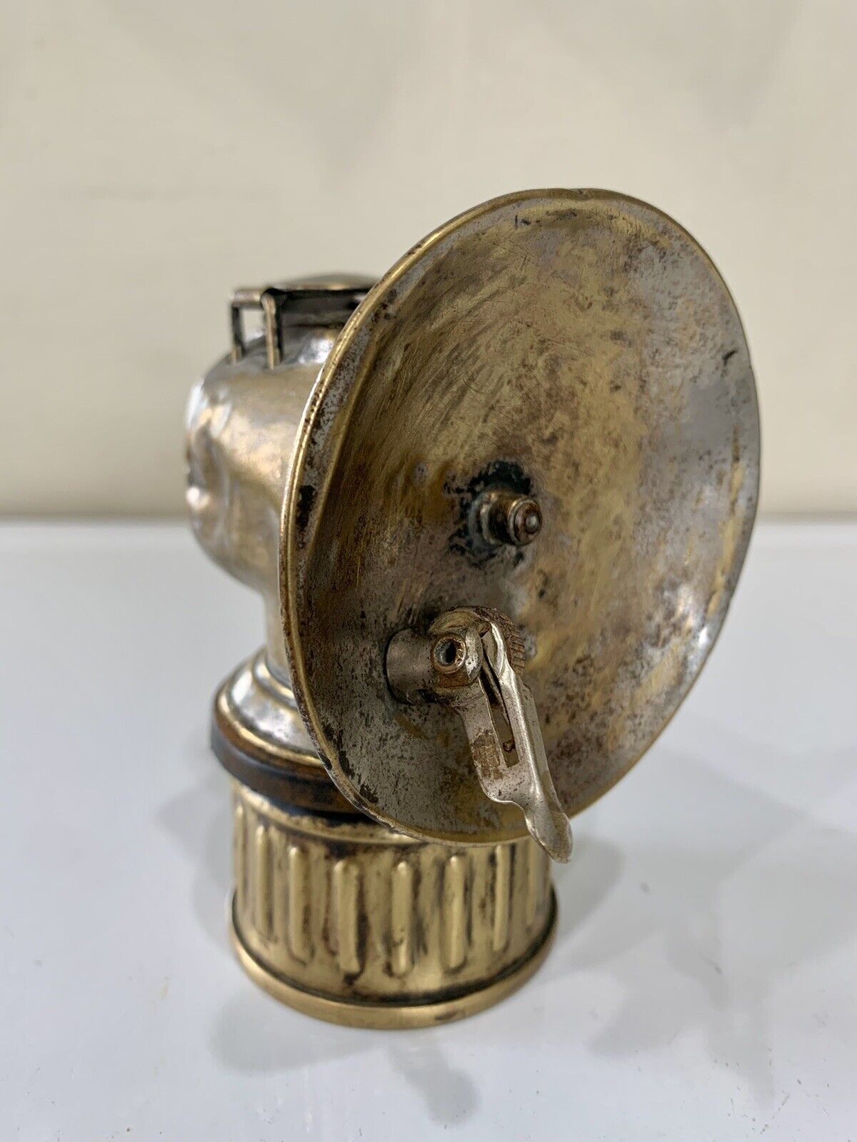 Justrite Carbide Miners Lamp With 1922 FRISBIE SNAP SPARKER PATENT/ 3in Saucer
