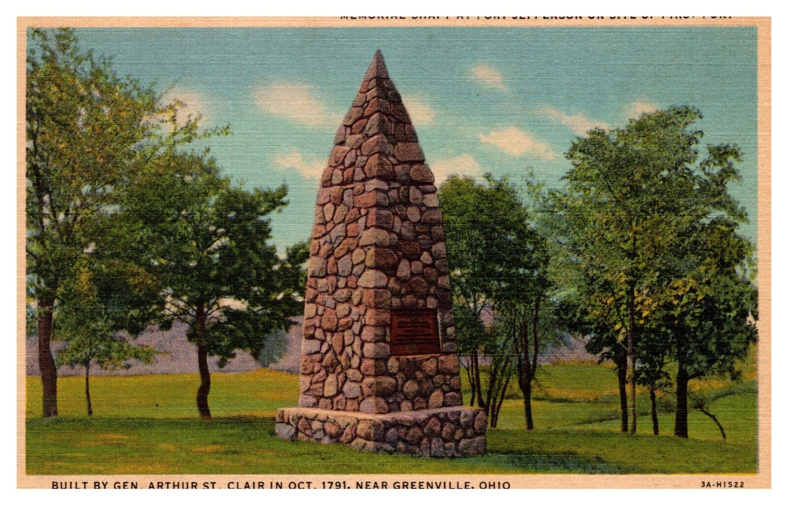 Greenville OH Ohio Memorial Shaft at Fort Jefferson Linen Postcard