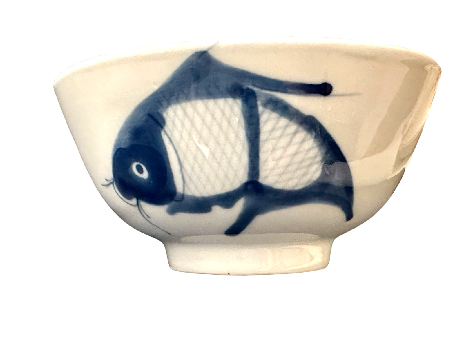 VNTG Chinese Hand Painted Cobalt Blue Under Glazed Porcelain Bowl Good Luck Carp