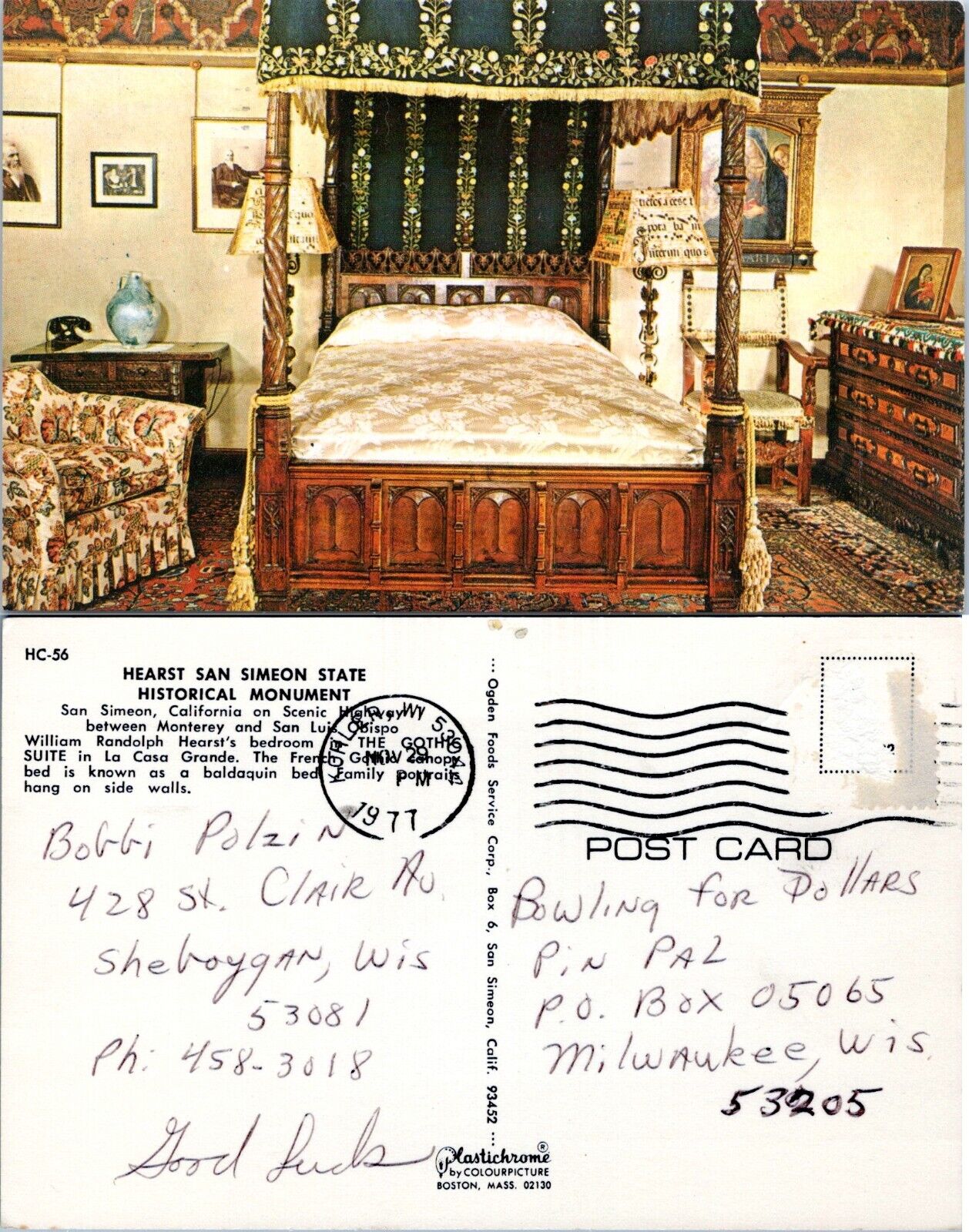 California San Simeon William Hearst Bedroom Posted 1977 Vintage Postcard