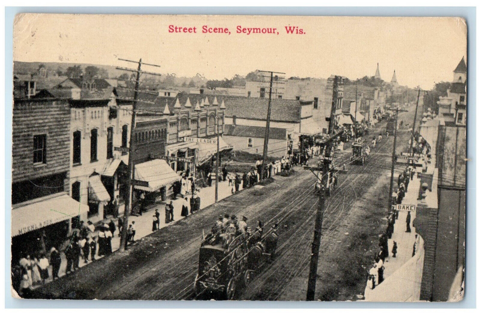 1915 Street Scene Horse Carriages Seymour Wisconsin WI Antique Posted Postcard