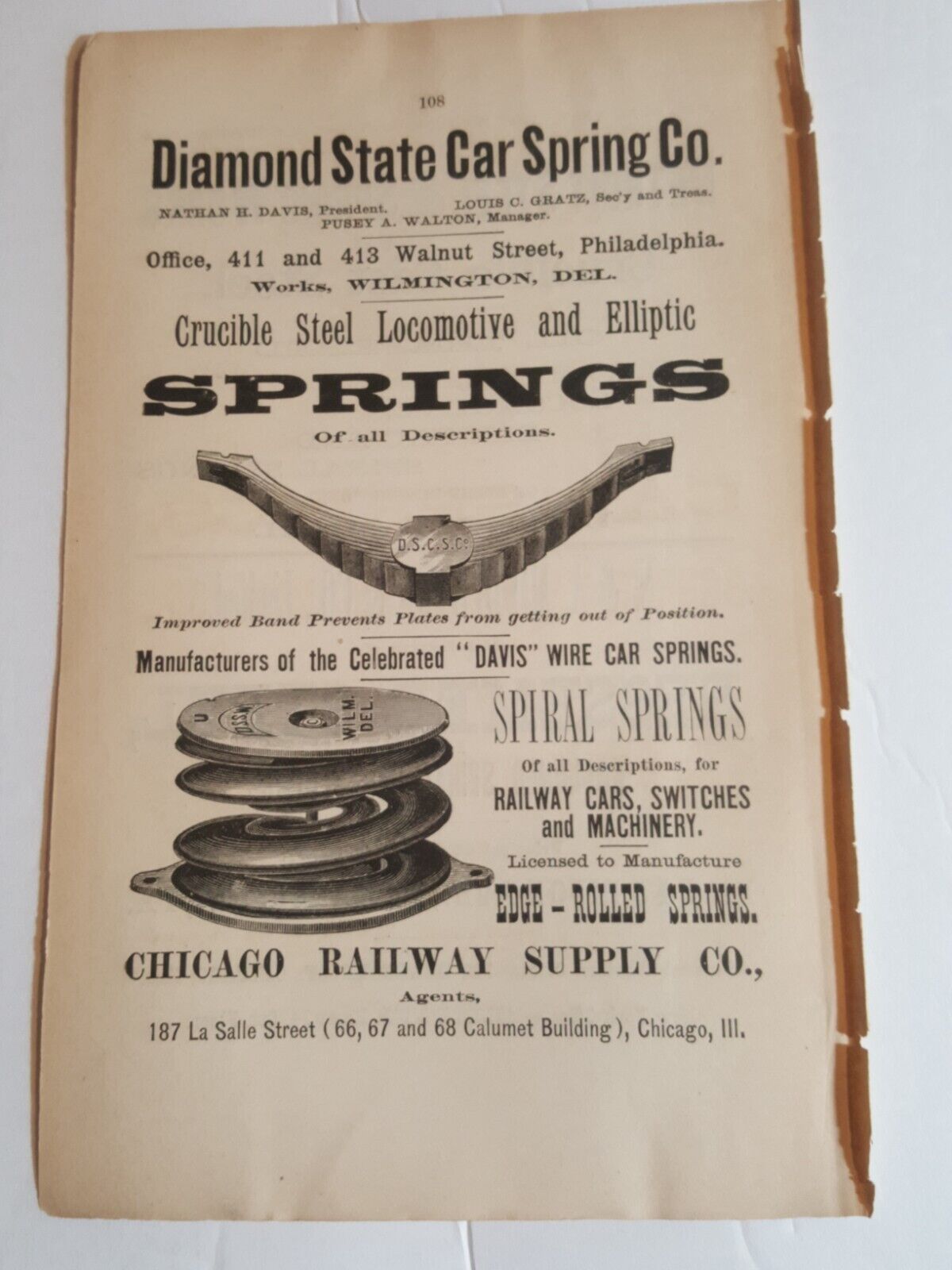 ☆1884 print ad DIAMOND STATE CAR SPRINGS  Wilmington Delaware Railroad Railway