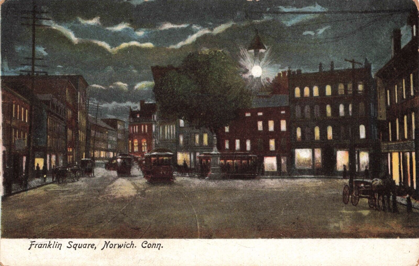 Franklin Square Norwich Conn. Night Scene Trolly Carriages c.1902 RPPC A363