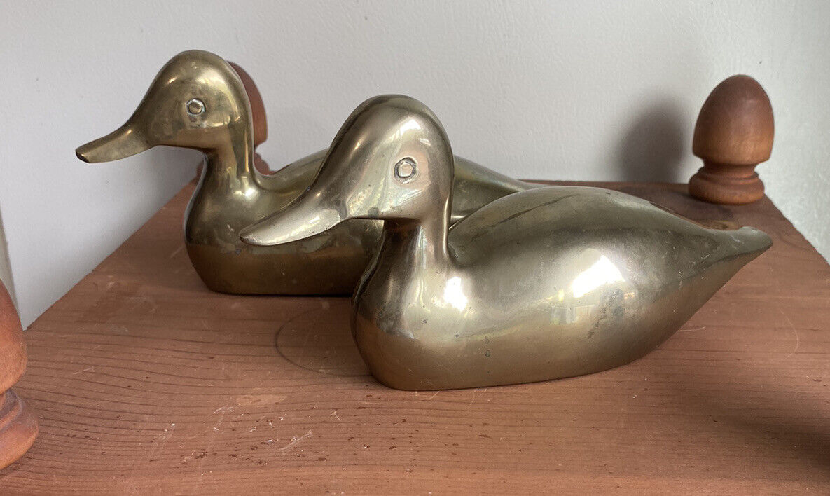 Vintage Soild Brass Ducks Matching Set Of Two, 9” Long, Solid Heavy Brass