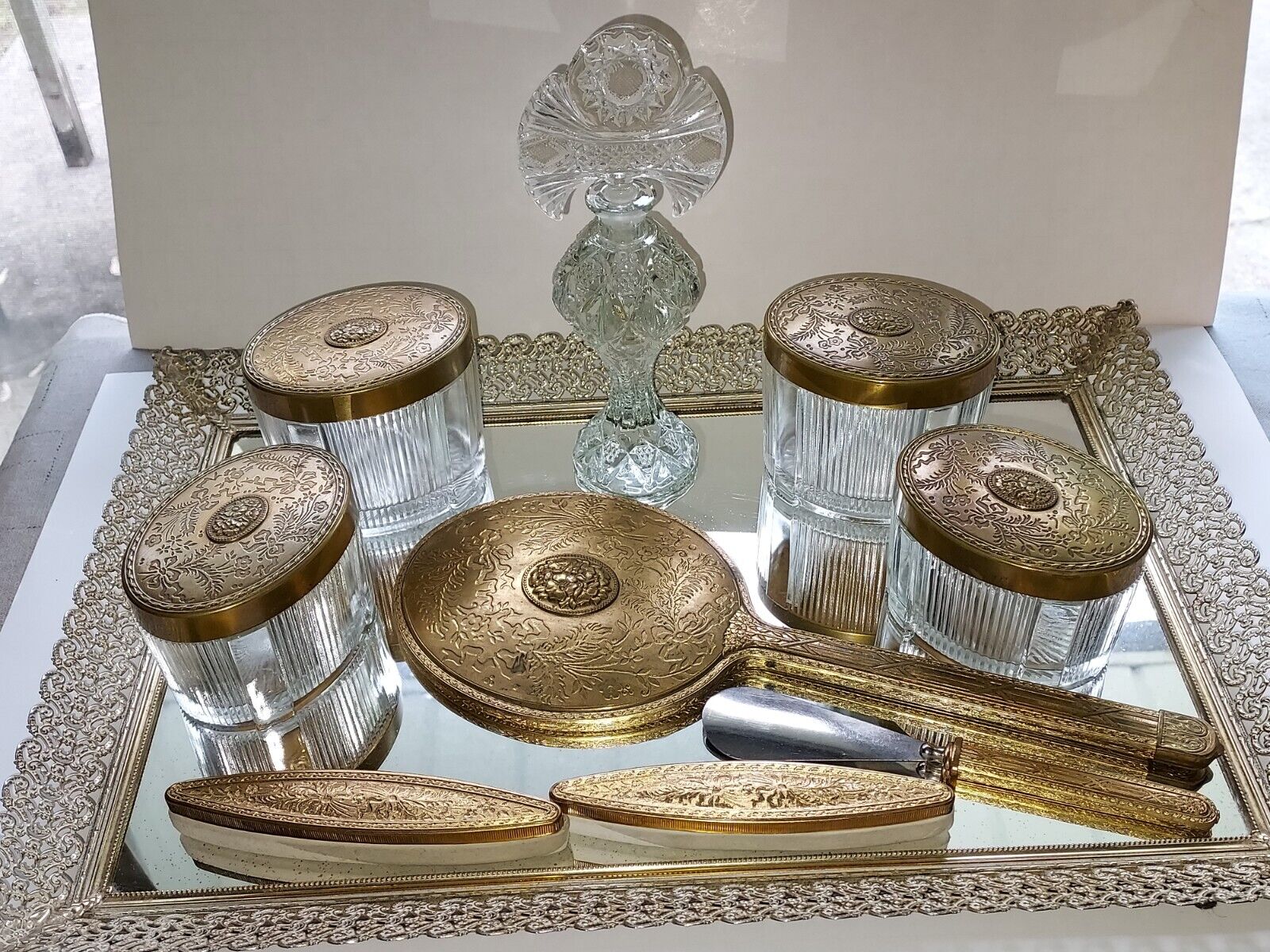 Victorian Filigree Vanity Dresser Set Mirror Tray 10 Pc Gold toned metal Perfume