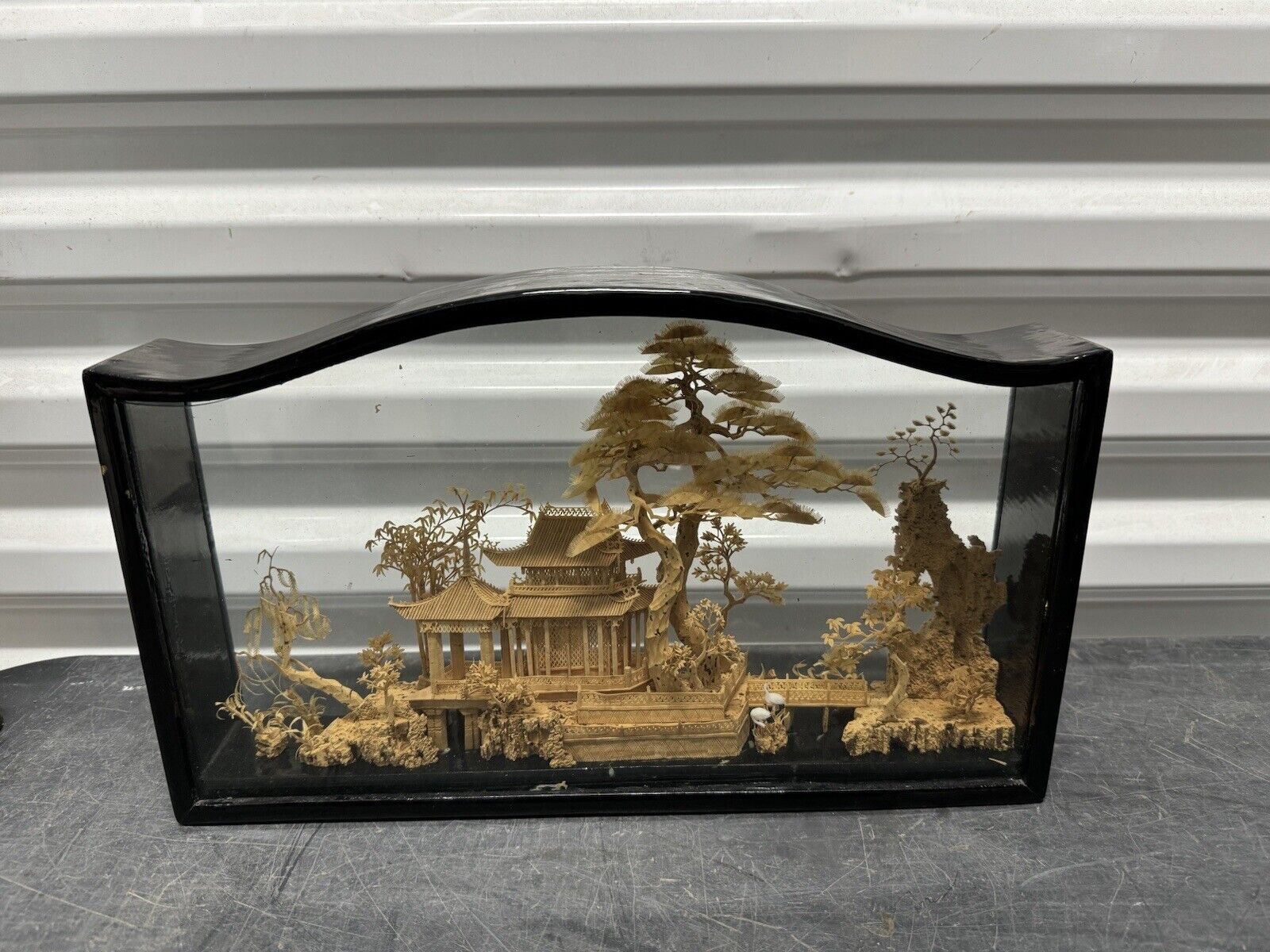 Vtg Chinese Japanese Carved Cork Diorama Art In Glass Shadow Box Cranes 14”X 8”