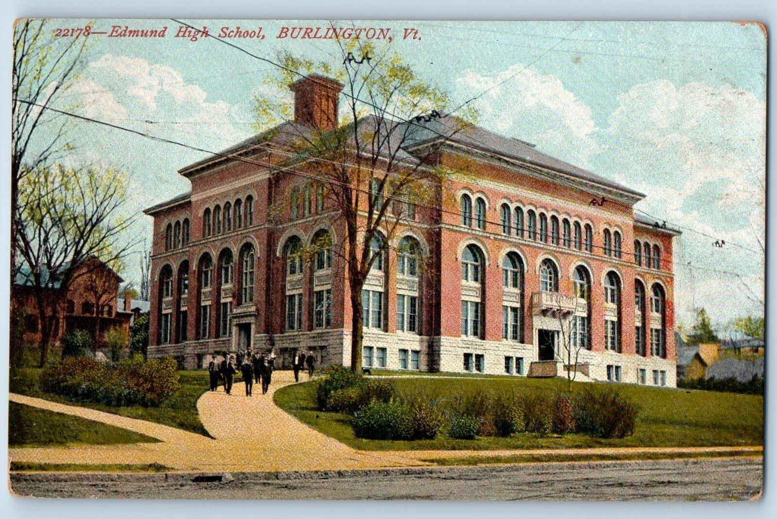 Burlington Vermont VT Postcard Edmund High School Building Exterior c1910s Trees
