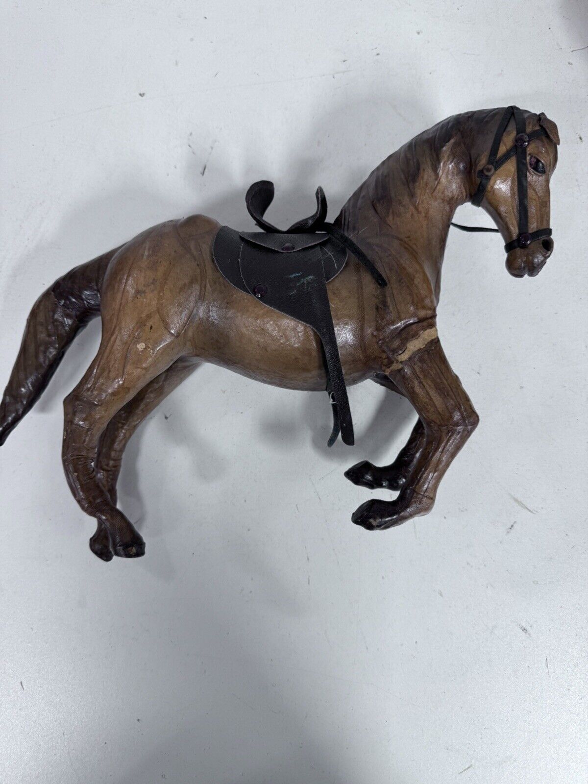 Vintage Leather Wrapped Horse Statue Figure Glass Eyes Unique BH