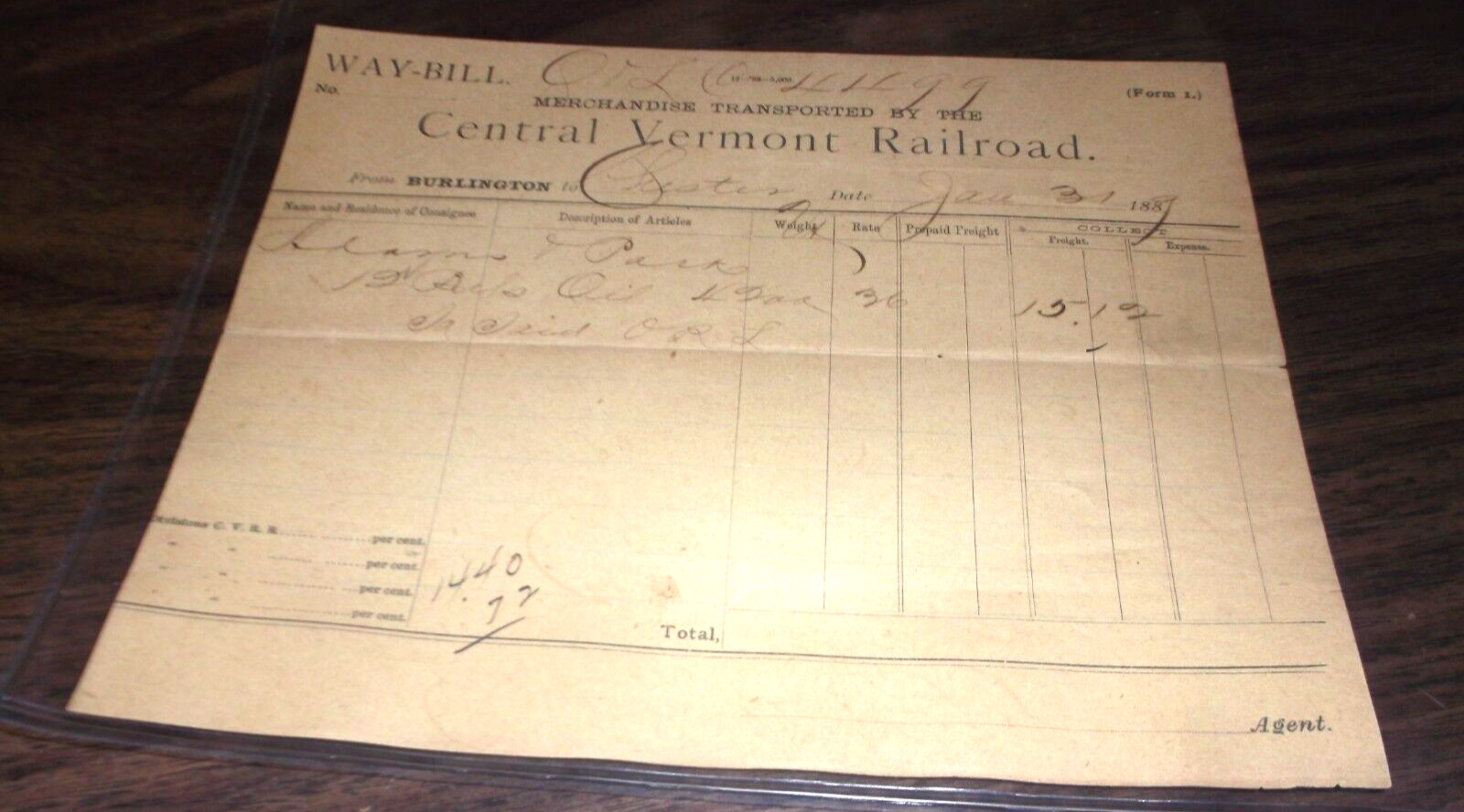 JANUARY 1889 CENTRAL VERMONT RAILROAD WAY BILL BURLINGTON VERMONT