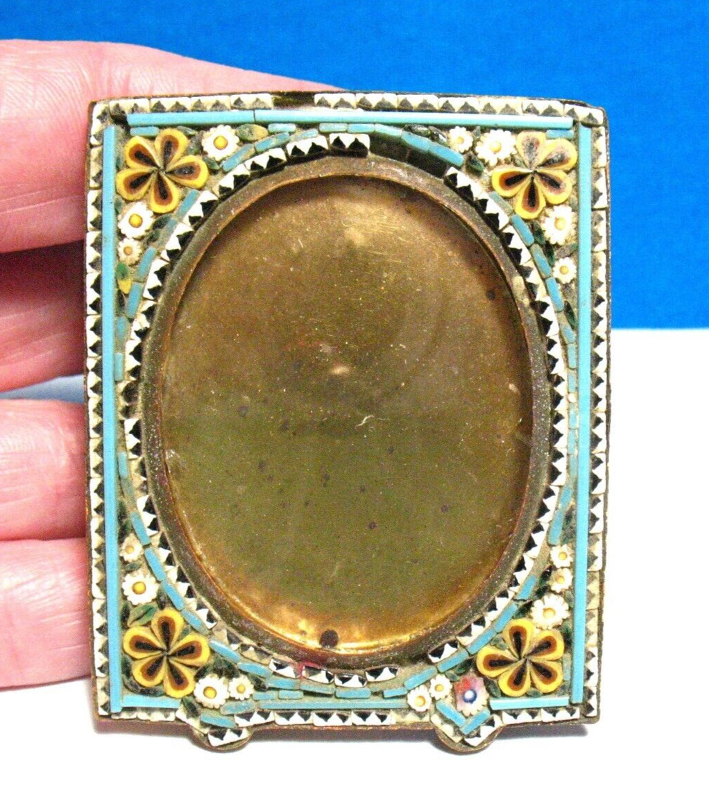 ITALIAN MICRO MOSAIC ANTIQUE BRASS MICRO PICTURE FRAME 2 X 2 1/4 INCHES FLORAL