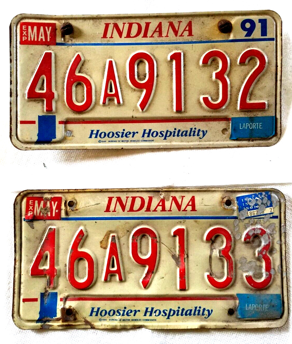 2 Consecutive Metal Indiana Expired License Plates 46A9132 & 46A9133 LAPORTE \'91