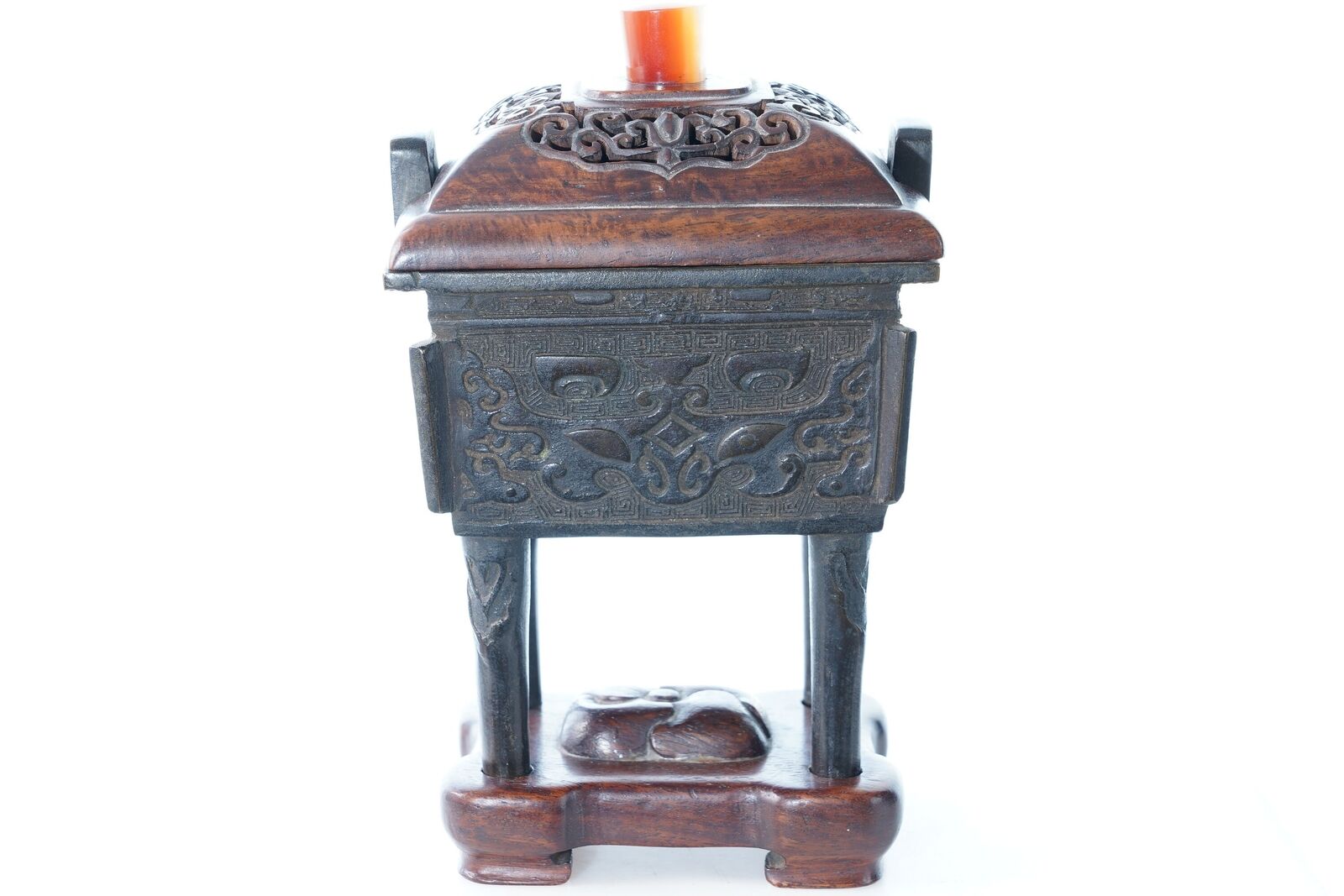 Antique Chinese Bronze censer with wood lid agate finial