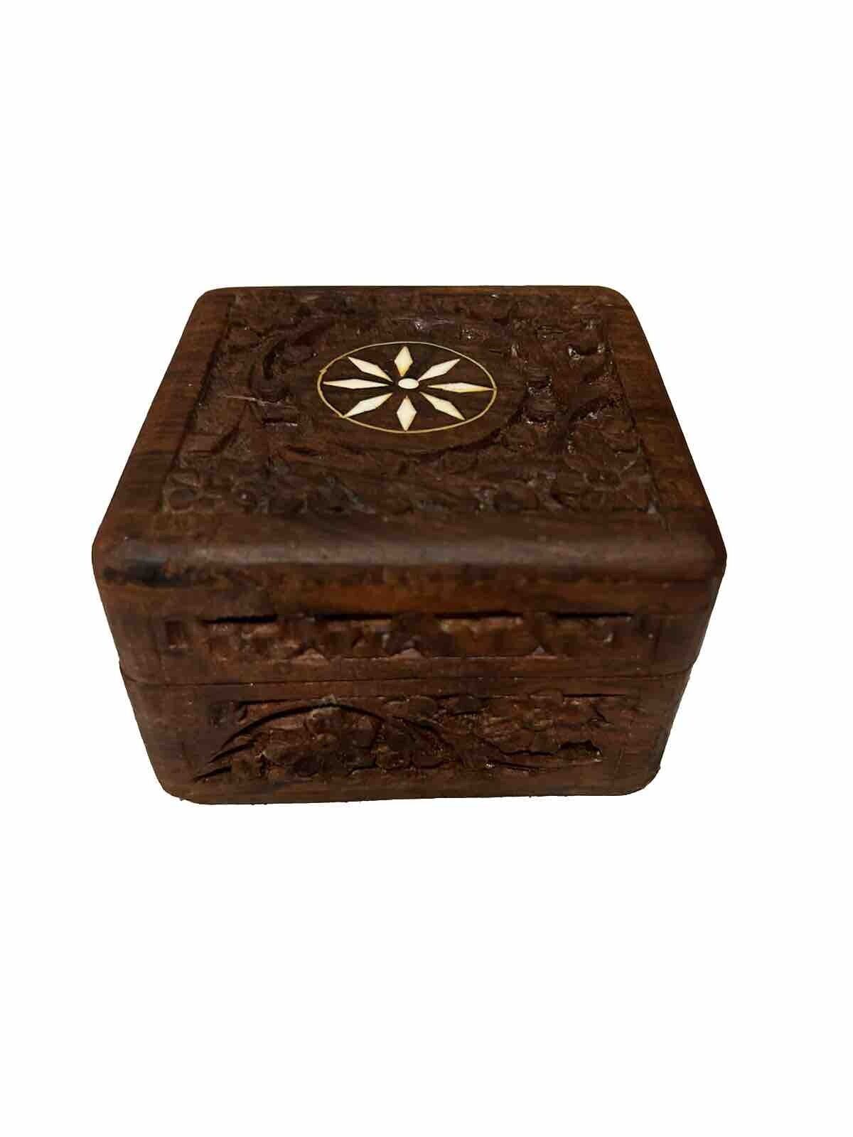 Hand Carved Wooden Inlaid Trinket Box From India. Vintage.
