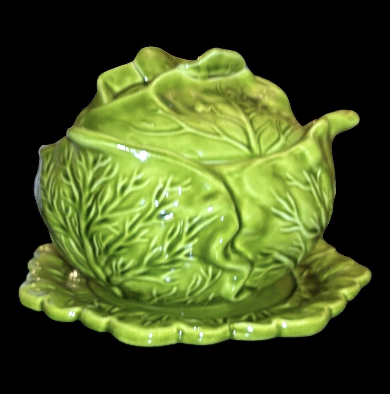 Vintage Handmade Green Ceramic Cabbage Tureen With Under Plate Large