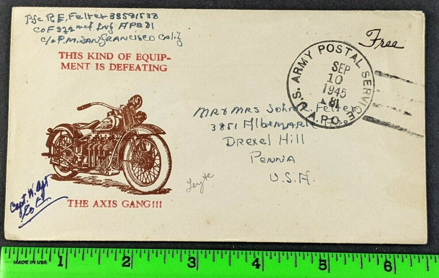 Vtg 1945 WW2 Harley-Davidson Motorcycle Defeat Axis Gang Illustrated Envelope