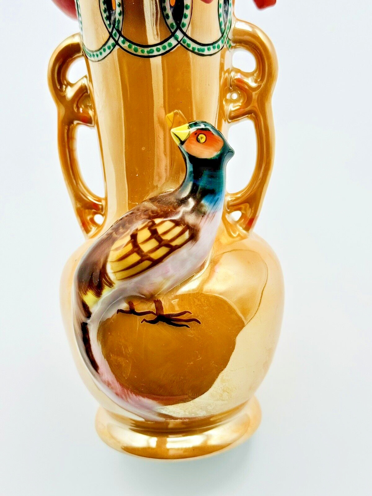Vintage MCM Lusterware 3D Pheasant Japan Hand painted Art Deco Bud Vase STUNNING
