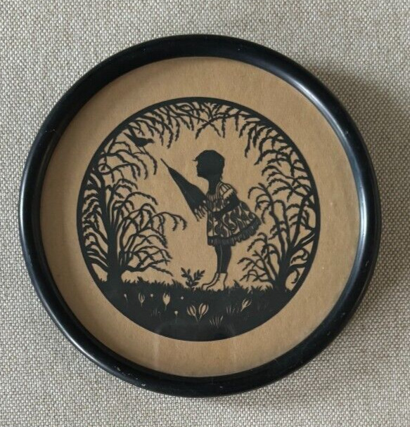 Vintage Hand-Cut Paper Silhouette Girl in Garden Cameo Victorian Framed