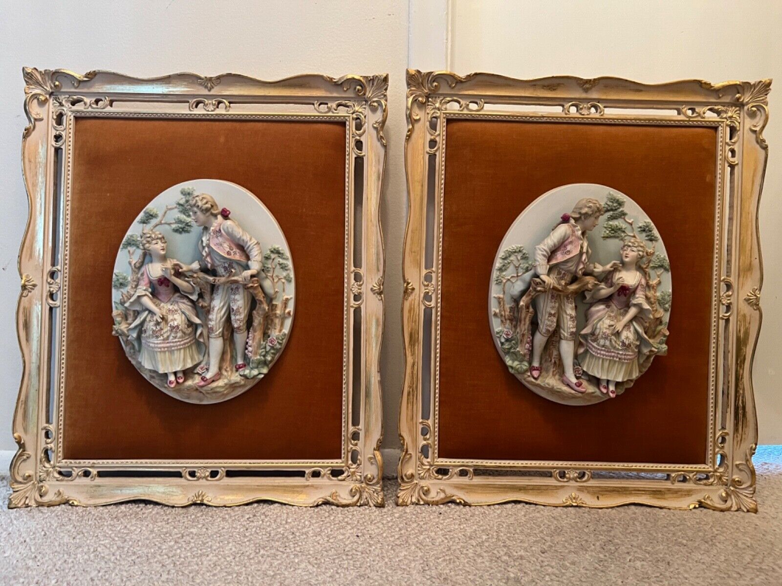 Two Vintage Romantic Couple Porcelain Wall Plaque Wood/Velvet