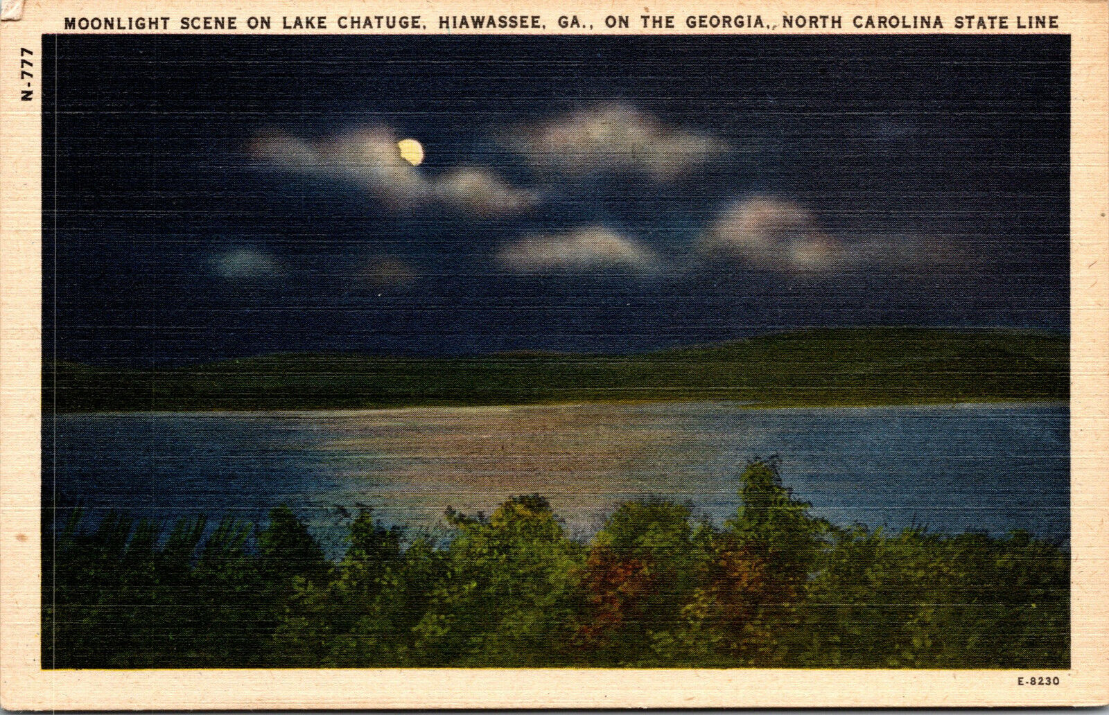 Vintage 1930s Moonlight on Lake Chatuge Night View Hiawassee Georgia GA Postcard